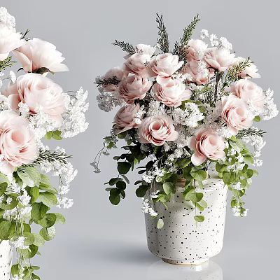 Pink Roses And White Small Flowers In White Spotted Vase With Green Leaves 3d model