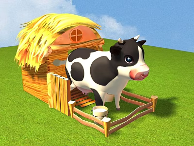 Cute Black And White Cow Near Straw Roof Hut With Wooden Fence On Green Grass 3d model