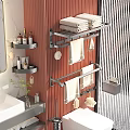 Modern Bathroom Interior With Stainless Steel Shelves And Towel Racks