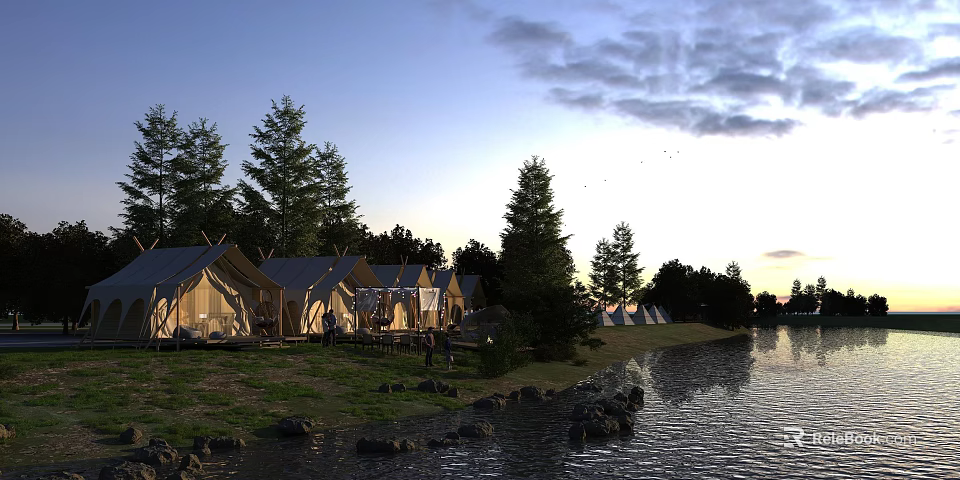 Scenic Garden Landscape with Glamping Tents along Lakeside Lush Trees Sunset Sky Grass and Stones 3d model 