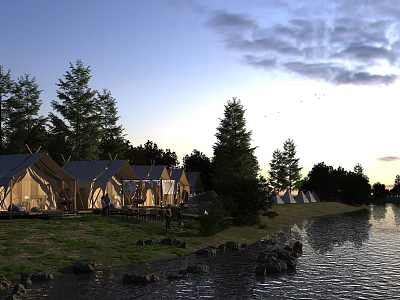 Scenic Garden Landscape with Glamping Tents along Lakeside Lush Trees Sunset Sky Grass and Stones 3d model