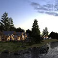 Scenic Garden Landscape with Glamping Tents along Lakeside Lush Trees Sunset Sky Grass and Stones