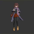 Stylish Woman With Pink Hair Purple Coat Red Skirt And Yellow Shoes In Gray Background
