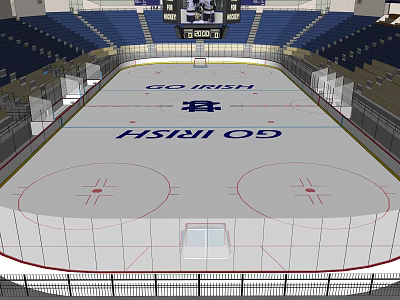 Spacious Ice Hockey Rink With GO IRISH Text Blue Seats And Hockey Markings 3d model
