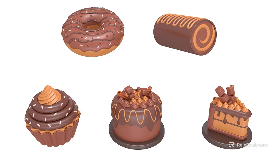 Various Delicious Chocolate Desserts Including Donut Roll Cupcake And Cakes 3d model 