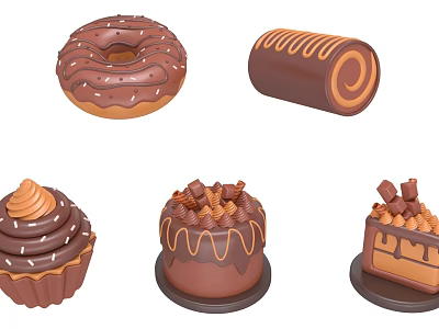 Various Delicious Chocolate Desserts Including Donut Roll Cupcake And Cakes 3d model