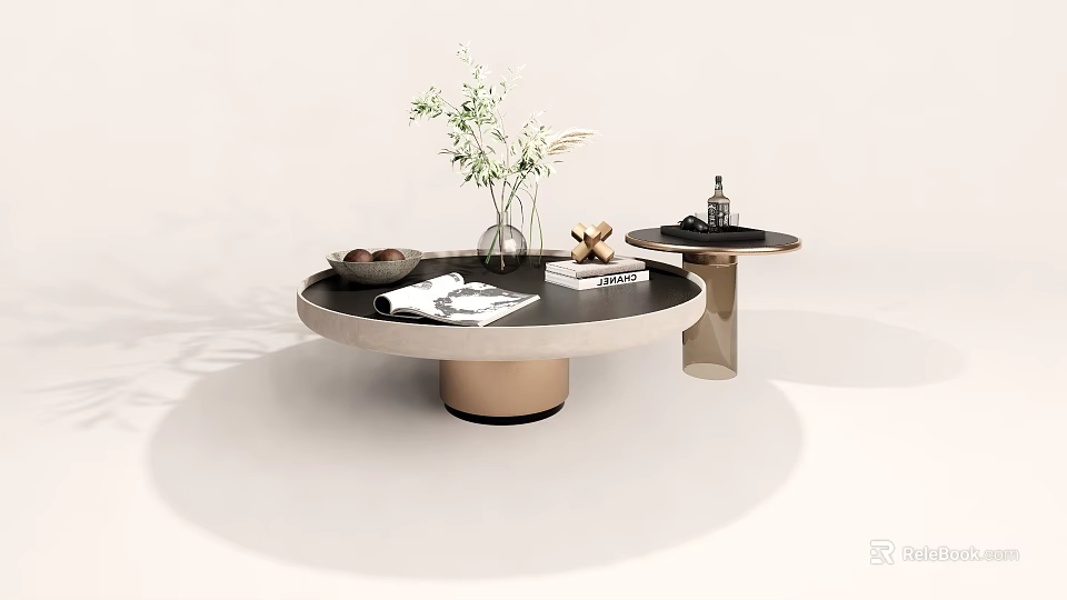 Modern Round Table And Chair Set With Black Top Gold Base Vase Books And Decorations 3d model 