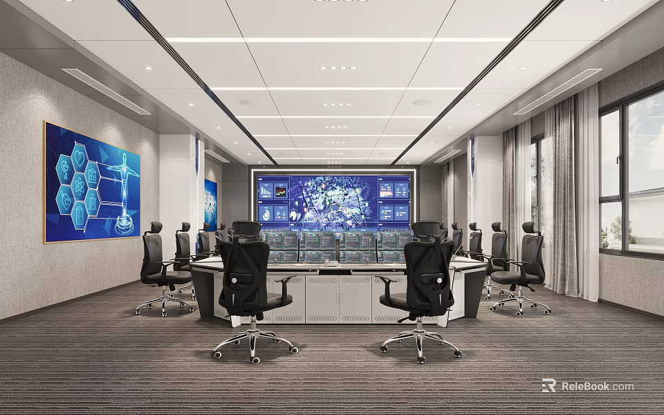 Modern Monitoring Room Interior With Big Screen And Office Chairs 3d model 