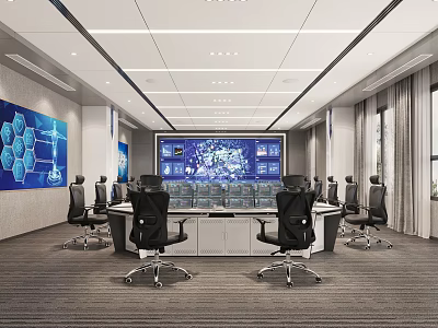 Modern Monitoring Room Interior With Big Screen And Office Chairs 3d model