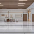 Modern Exhibition Hall Interior With Wooden Ceiling Tables Chairs And Marble Floor