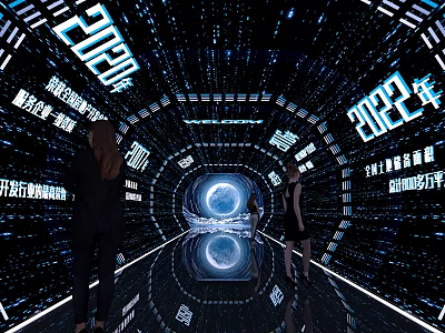 Futuristic Office Corridor With Blue Illumination Digital Elements And People Walking 3d model