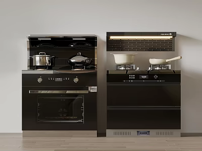 Black Kitchen Appliances with Stove Top Pots Pans and Built in Oven for Modern Cooking 3d model
