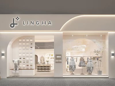 Modern Clothing Store Interior Design With Curved Facade Light Tones Window Mannequins And Decorative Plants 3d model