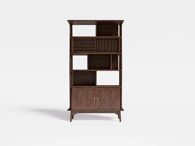 Dark Brown Solid Wood Decorative Cabinet With Open Shelves Louvered Panel And Cabinet Doors 3d model