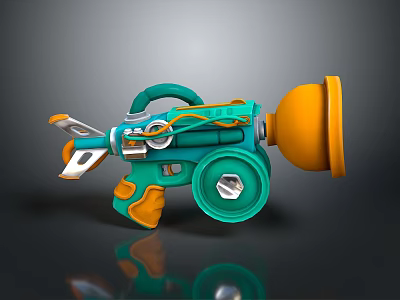 Cartoon Style Teal And Orange Weapon With Mechanical Wheel And Round Component 3d model
