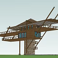 Wooden Road Facilities With Stone Spiral Staircase And Waterfront Pier Platform