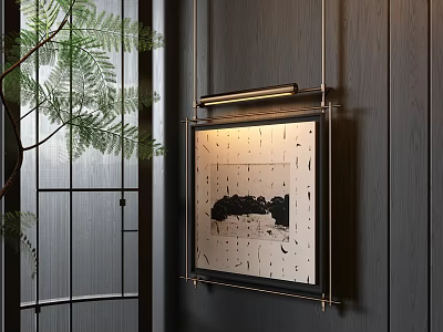 Lit Landscape Painting With Metal Frame On Dark Wooden Wall Near Glass Door And Plant 3d model