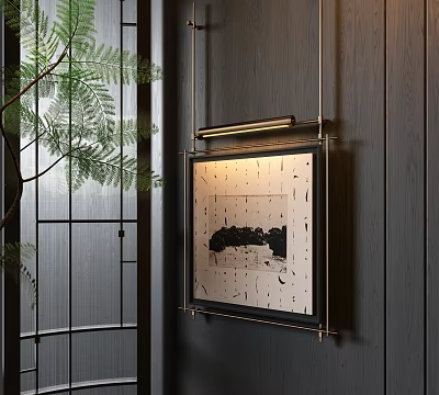Lit Landscape Painting With Metal Frame On Dark Wooden Wall Near Glass Door And Plant 3d model