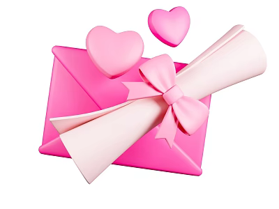 Cute Decorative Pink Envelope With Bow Rolled Paper And Floating Hearts 3d model