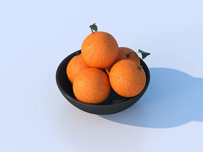 Fresh Oranges in Black Bowl with Green Leaves on Light Blue Surface 3d model