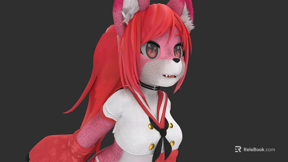 Woman With Red Hair Fox Ears In White Top Black Collar And Gold Buttons 3d model 