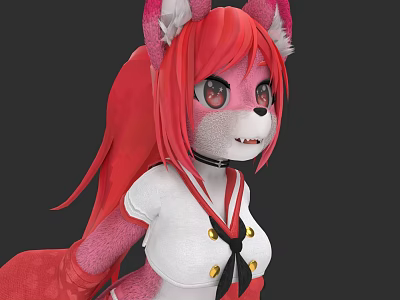 Woman With Red Hair Fox Ears In White Top Black Collar And Gold Buttons 3d model