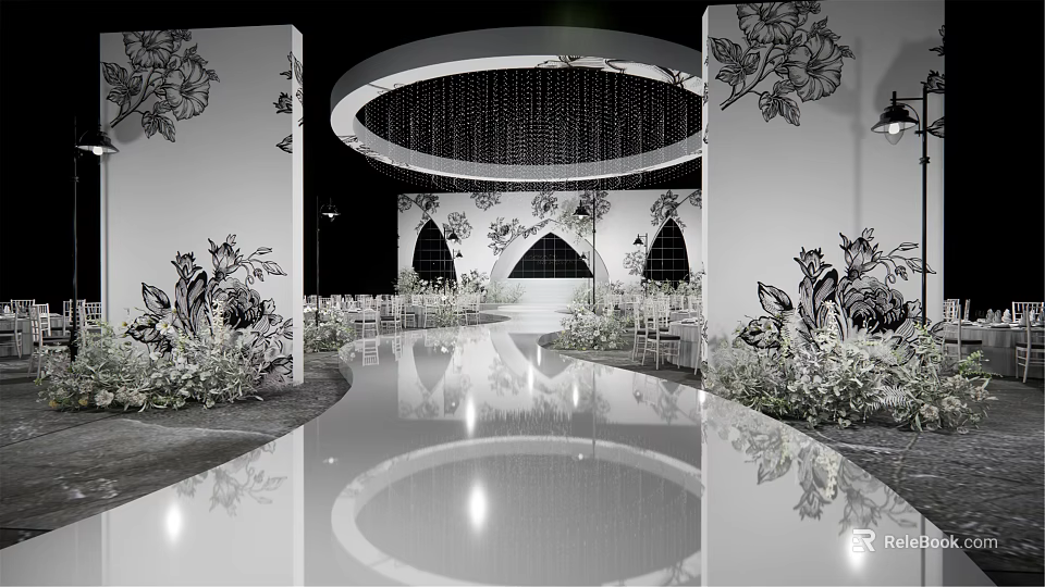 Symmetrical Garden Landscape With Floral Patterned Walls Circular Structure And Reflective Floor 3d model 