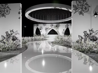 Symmetrical Garden Landscape With Floral Patterned Walls Circular Structure And Reflective Floor 3d model