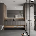 Modern Bathroom Interior With Wooden Vanity Glass Shower And Large Window