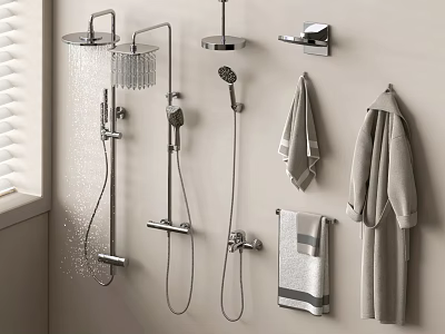 Sleek Modern Bathroom Interior With Chrome Shower System Handheld Shower And Hanging Towels Bathrobe 3d model