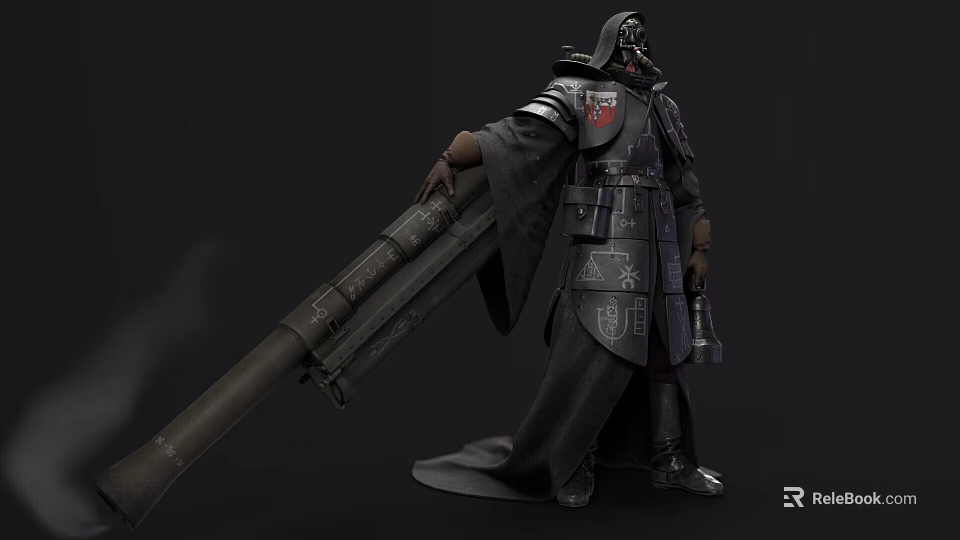 Fantasy Game Movie Character Wearing Intricate Armor With Flowing Cloak Holding Large Weapon 3d model 