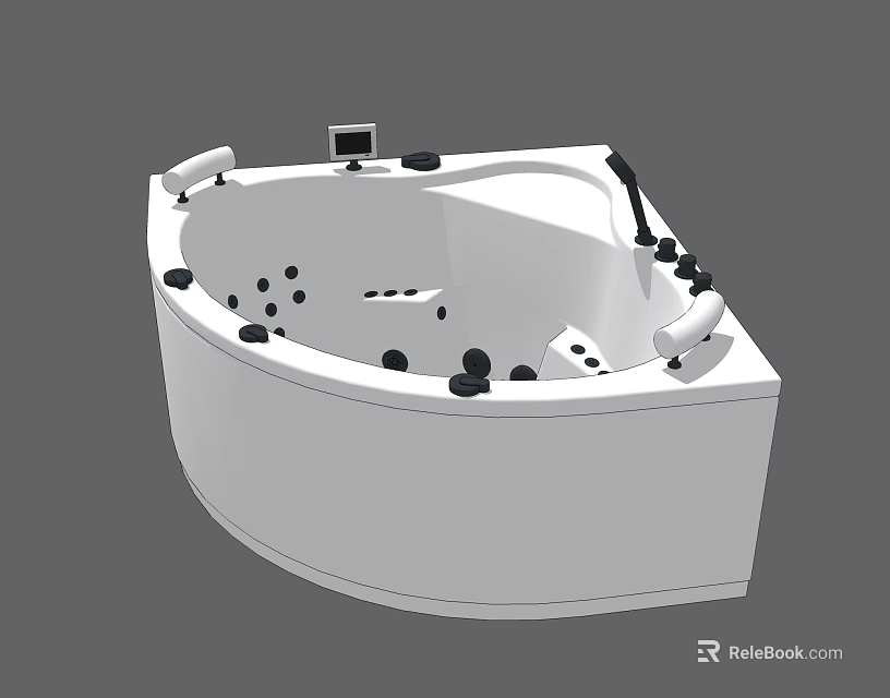 Modern Corner Whirlpool Bathtub With Massage Jets White Armrests And Control Panel 3d model 