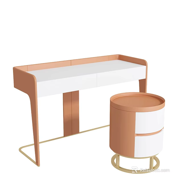 Modern Dressing Table With White Top Brown Frame And Round Storage Stool Design 3d model 