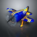 Detailed Blue and Yellow Passenger Airplane with Propeller on Gray Background