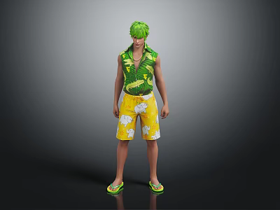 Green Haired 3D Character Wearing Green Sleeveless Shirt Yellow Shorts with White Floral Patterns 3d model
