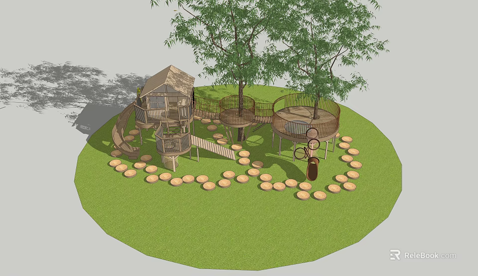 Outdoor Play Equipment With Tree House Slide Circular Platform And Stone Path 3d model