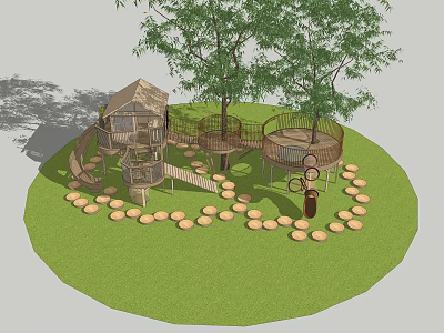 Outdoor Play Equipment With Tree House Slide Circular Platform And Stone Path 3d model