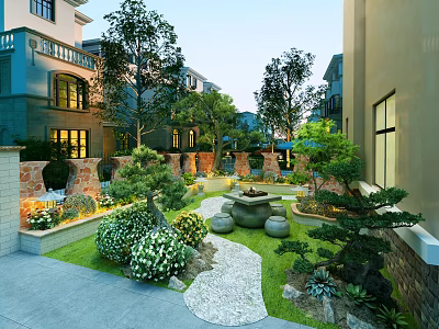Stunning Courtyard Water Fountain Landscape with Greenery Stone Path and Modern Buildings 3d model