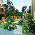 Stunning Courtyard Water Fountain Landscape with Greenery Stone Path and Modern Buildings
