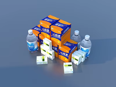 Stacked Blue Orange Tissue Boxes And Water Bottles For Household Supplies 3d model