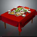 Dining Table With Red Tablecloth And Various Dishes Bowls On Top
