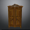 Traditional Wooden Cabinet With Double Doors And Ornamental Carved Top Design