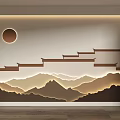 Chinese Style Background Wall With Mountain Pattern Circular Decor And Stepped Eaves Lighting 3d model