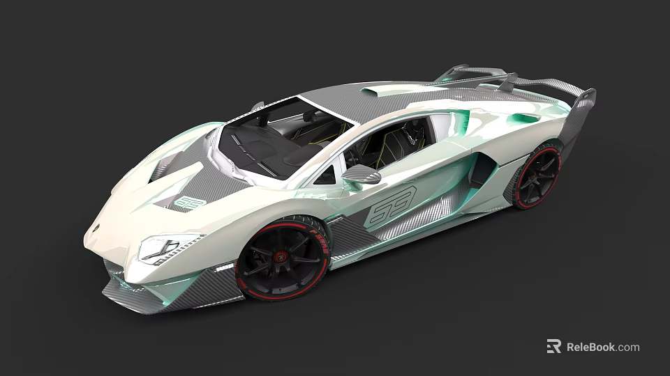 White And Green Sports Car With Sleek Body Design And Black Red Wheels 3d model 