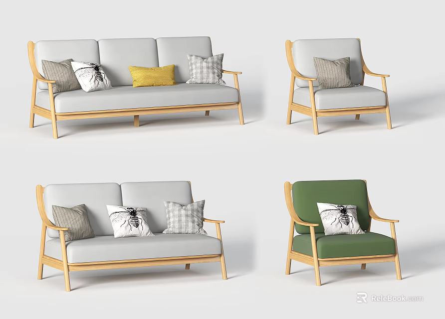 Modern Sofa Set with Wooden Frame Gray Green Cushions and Decorative Pillows for Living Room 3d model 
