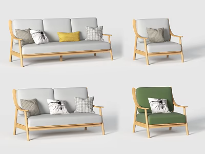 Modern Sofa Set with Wooden Frame Gray Green Cushions and Decorative Pillows for Living Room 3d model