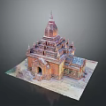 Ancient Temple Model With Pagoda Structure Decorative Spires And Brown Orange Design