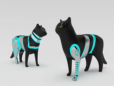 Black Cat Shaped Dolls With Turquoise Accents And Mechanical Design Features 3d model