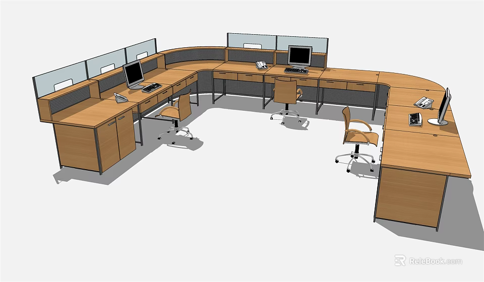 Modern Office Workspace With Multiple Desks Computers Chairs And Partition Dividers 3d model