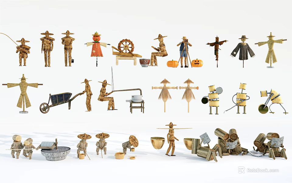 Traditional Agricultural Equipment Handmade Models of Farm Tools with Scarecrows Wheelbarrows and Wooden Buckets 3d model 